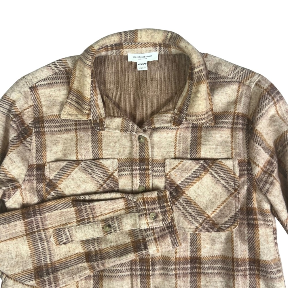Beachlunchlounge XS Plaid‎ Button Down Shirt Shacket SOFT Tan Brown Knit Cabin